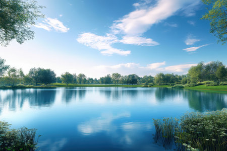Serene lake surrounded by vibrant trees reflecting in calm water under a bright blue sky.の写真素材