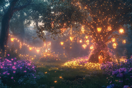 Enchanting garden at dusk with glowing lanterns in trees and colorful flowers creating a magical atmosphere.の写真素材