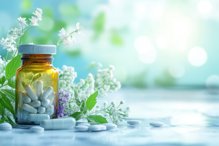A glass bottle with tablets is placed elegantly among herbs and flowers, showing a serene natural setting.の写真素材