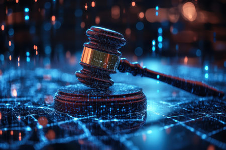 A gavel sits on a glowing circuit board, symbolizing technology and law in a modern environment.の写真素材