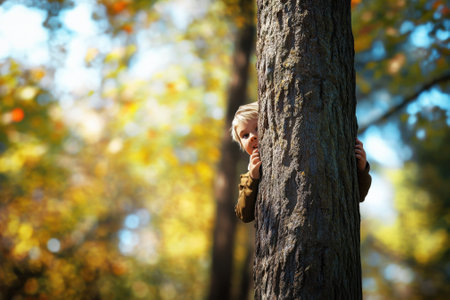A child peeks from behind a tree in a forest filled with colorful autumn leaves and gentle sunlight.の写真素材