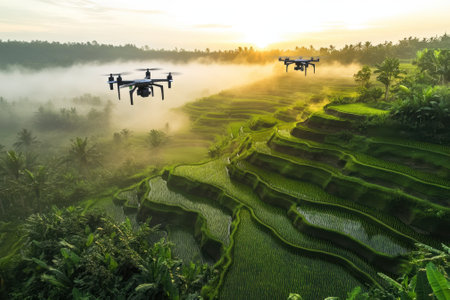 Drones capture stunning aerial views of vibrant rice terraces amidst misty tropical surroundings at dawn.の写真素材