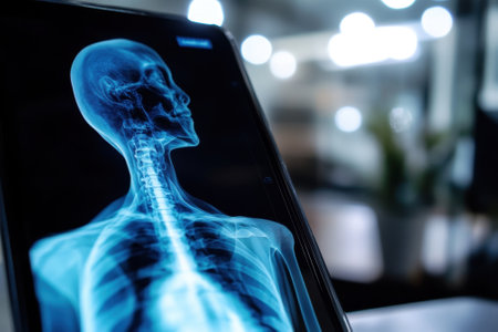 A digital display showcases an X-ray of a human skeleton, focusing on spine and ribcage details.の写真素材