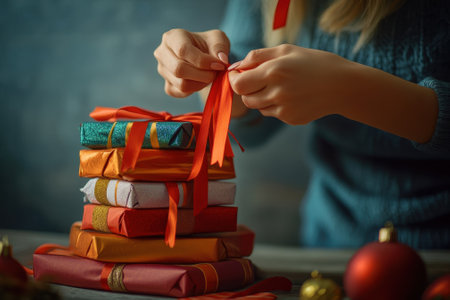 Person carefully ties ribbons around festive gifts in preparation for holiday festivities and gatherings.の写真素材