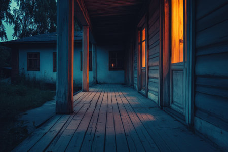 Warm light spills from the windows of a weathered house, casting shadows on the creaky porch at twilight.の写真素材