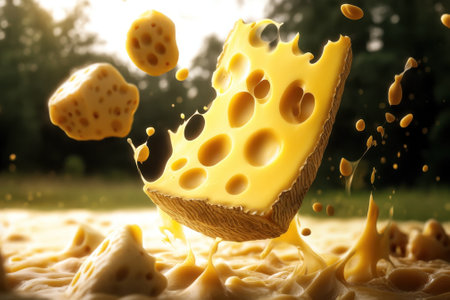 Yellow cheese chunks hover above a creamy surface, illuminated by warm afternoon sunlight in a playful arrangement.の写真素材