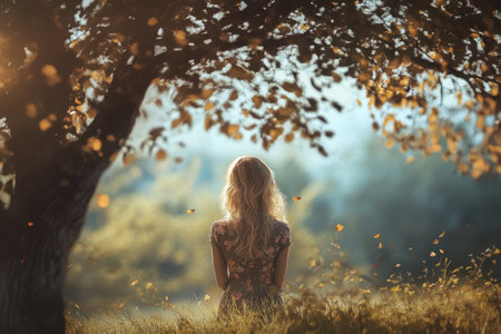 A woman with long hair sits peacefully under a tree, surrounded by falling leaves in an autumn setting.の写真素材
