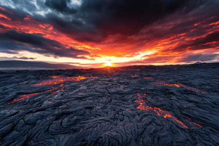 Brilliant colors fill the sky as the sun sets behind rugged lava terrain, highlighting volcanic features.の写真素材
