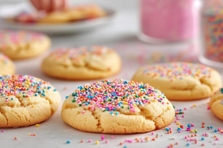 Delicious cookies topped with vibrant sprinkles are beautifully arranged on a surface, inviting a sweet treat.の写真素材