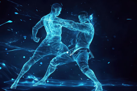 Two holographic fighters showcase their skills in a fierce martial arts duel against a dark background.の写真素材