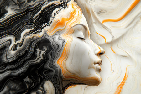An abstract portrayal of a woman's side profile with swirling textures in neutral and orange tones.の写真素材