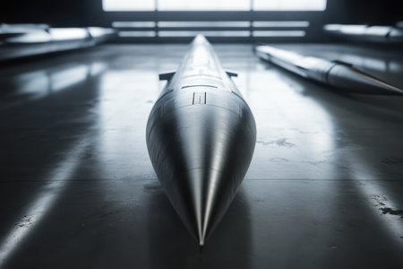 Missiles are lined up in a sleek military storage area, showcasing advanced technology and design.の写真素材