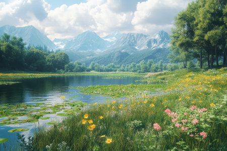 A tranquil setting showcases colorful flowers and lush greenery by a still lake beneath majestic mountains.の写真素材