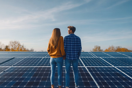 A couple enjoys the beautiful outdoors, admiring solar panels while holding hands under a clear sky.の写真素材