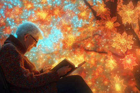 An elderly person reads a book while sitting under colorful autumn leaves creating a peaceful atmosphere.の写真素材