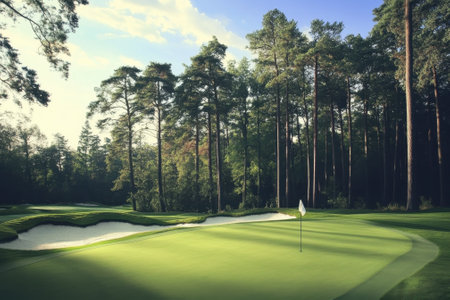 A golf course features a well-maintained green with a flag, surrounded by tall trees and sand traps.の写真素材