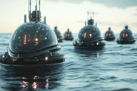 A fleet of futuristic underwater drones gliding through serene ocean waters during sunset.の写真素材