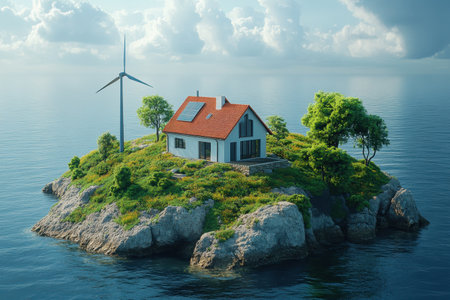 A cozy house with solar panels and a wind turbine sits on a lush island, surrounded by serene waters.の写真素材