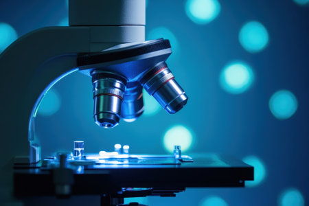 A microscope is illuminated against a soft blue bokeh background, showing intricate details of the lens.の写真素材