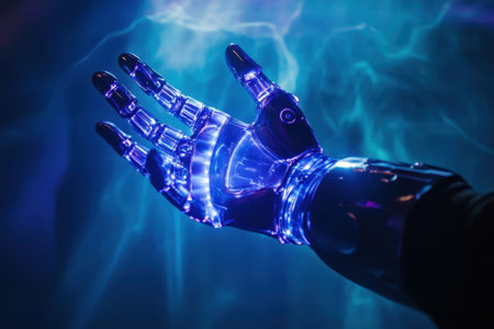 A robotic hand illuminated with bright blue lights extends into a dark setting, highlighting advanced technology.の写真素材