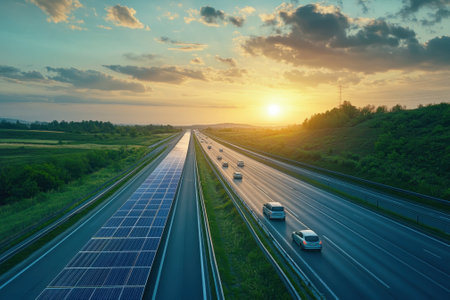Cars travel along a highway lined with solar panels, illuminated by the warm glow of sunset.の写真素材