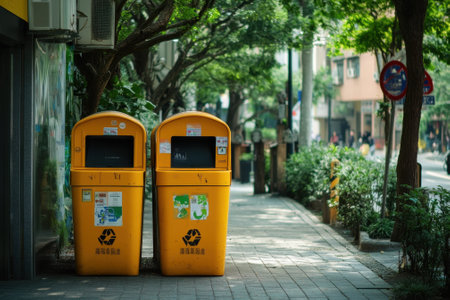 Two yellow recycling bins are placed along a sidewalk in a city lined with trees and nearby buildings.の写真素材