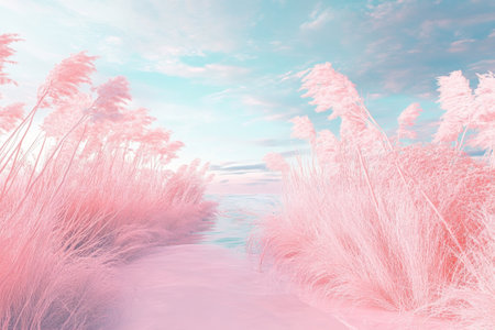 A peaceful view features soft pink grasses lining a calm waterway, illuminated by warm sunset colors.の写真素材
