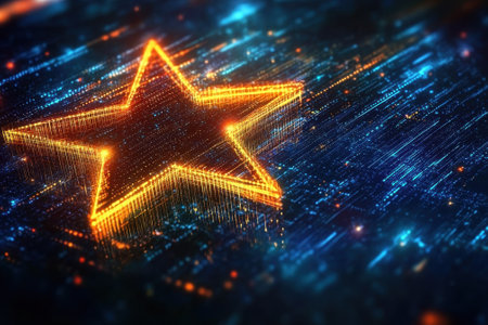 A glowing star composed of bright lines shines amid a vibrant digital landscape filled with lights.の写真素材