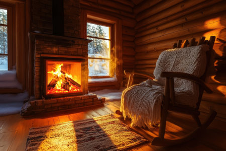 A rustic cabin features a rocking chair, a crackling fire, and sunlight illuminating the serene atmosphere.の写真素材