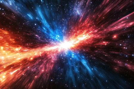 A breathtaking cosmic event reveals vivid colors of red, blue, and orange among countless stars and galaxies.の写真素材