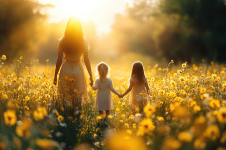 A mother takes her daughters by the hand as they stroll through a vibrant field of wildflowers at sunset.の写真素材