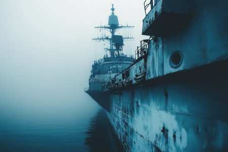 A military ship looms in heavy fog, creating an eerie atmosphere on the still water at dawn.の写真素材