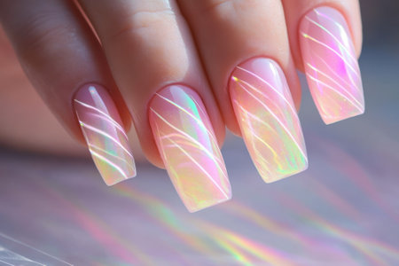 Close-up of beautifully manicured nails showcasing a pastel gradient with holographic stripes.の写真素材