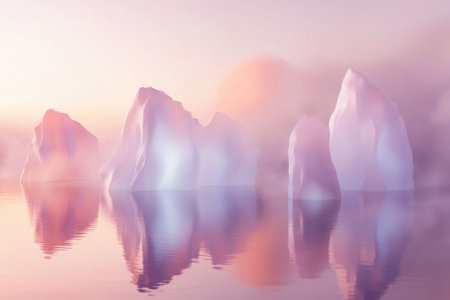 Soft pastel colors fill the sky as icebergs emerge from tranquil waters during a peaceful Arctic dawn.の写真素材