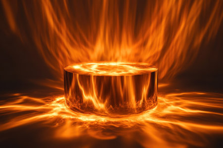 Molten metal glows with bright orange and yellow swirls against a dark backdrop.の写真素材