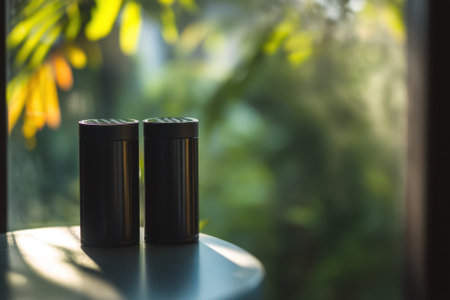 Two cylindrical containers sit on a table, surrounded by greenery and warmed by golden sunlight.の写真素材