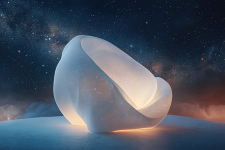 A glowing abstract sculpture rests on a snowy landscape under a brilliant night sky filled with stars.の写真素材