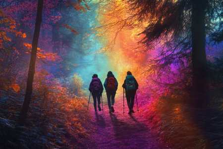 Three hikers walk along a forest trail illuminated by vibrant colors and magical lighting effects.の写真素材