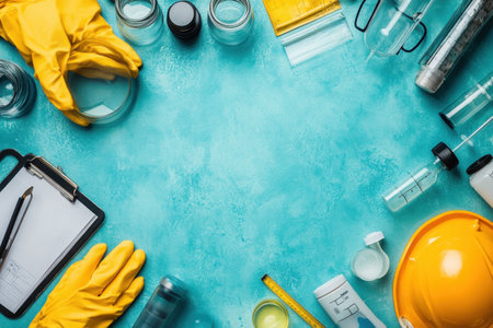 A bright laboratory workspace features various instruments, glassware, and safety equipment used for experiments.の写真素材