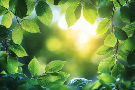Sunlight gently illuminates vibrant green leaves in a tranquil forest setting at dawn.の写真素材