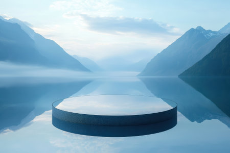 A round platform floats on a still lake, reflecting the surrounding mountains and soft morning light.の写真素材