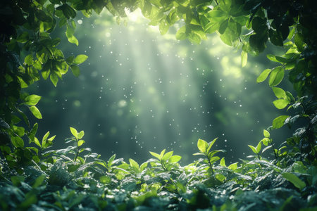 Dappled sunlight streams through the leaves, illuminating a peaceful forest glade with misty atmosphere.の写真素材