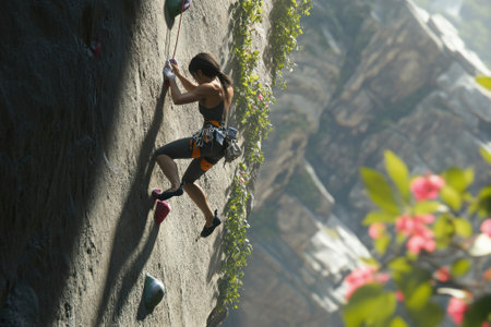 A skilled climber ascends a rocky cliff while colorful flowers adorn the nearby ledges under bright sunlight.の写真素材