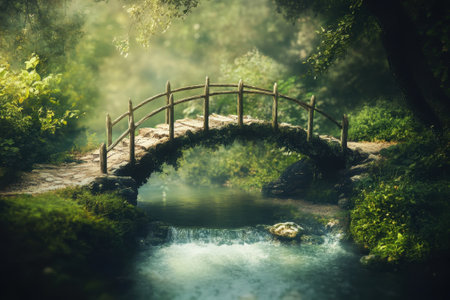 A wooden bridge crosses a peaceful stream, surrounded by verdant foliage and soft sunlight filtering through trees.の写真素材