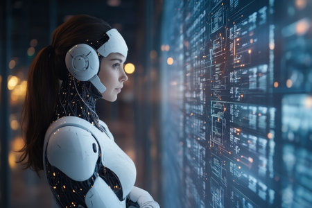 A humanoid robot observes complex data on an illuminated digital display in a high-tech laboratory.の写真素材