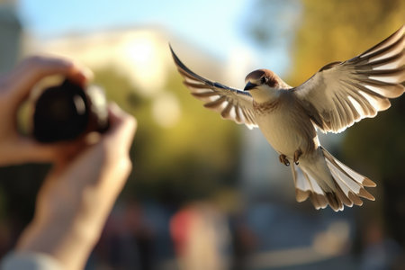 A small bird soars through the air as a person aims a camera, capturing the moment outdoors during sunset.の写真素材