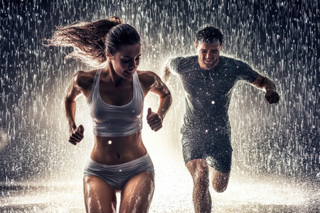 Two athletes are running through a downpour, showing their determination and focus on fitness.の写真素材