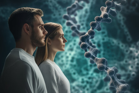 Two individuals reflect on the implications of genetic engineering, surrounded by a digital backdrop of DNA strands.の写真素材