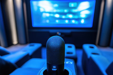 A spacious home theater features a microphone on a stand, surrounded by comfortable seating and blue lighting.の写真素材