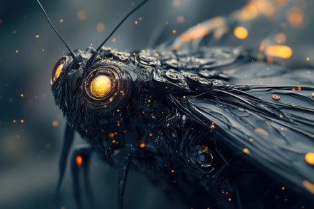 A close view of an enigmatic black moth reveals intricate details and glowing orange eyes, set against darkness.の写真素材